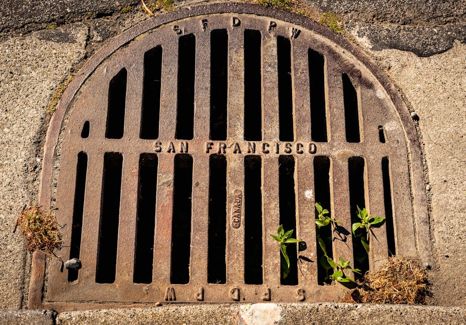 Close-up photo of a weathered drain cover embossed with 'San Francisco', showcasing urban texture and detail.